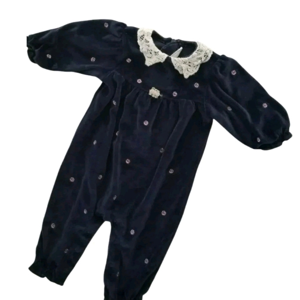 Vintage First Moments Velvet One Piece Jumpsuit 6-9 Months Floral Crochet Collar